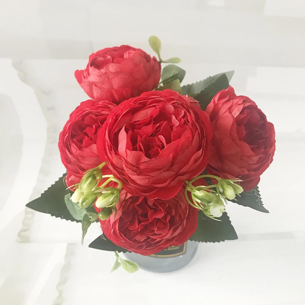30cm Rose Pink Silk Peony Artificial Flowers Bouquet 5 Big Head and 4 Bud Cheap Fake Flowers for Home Wedding Decoration Indoor