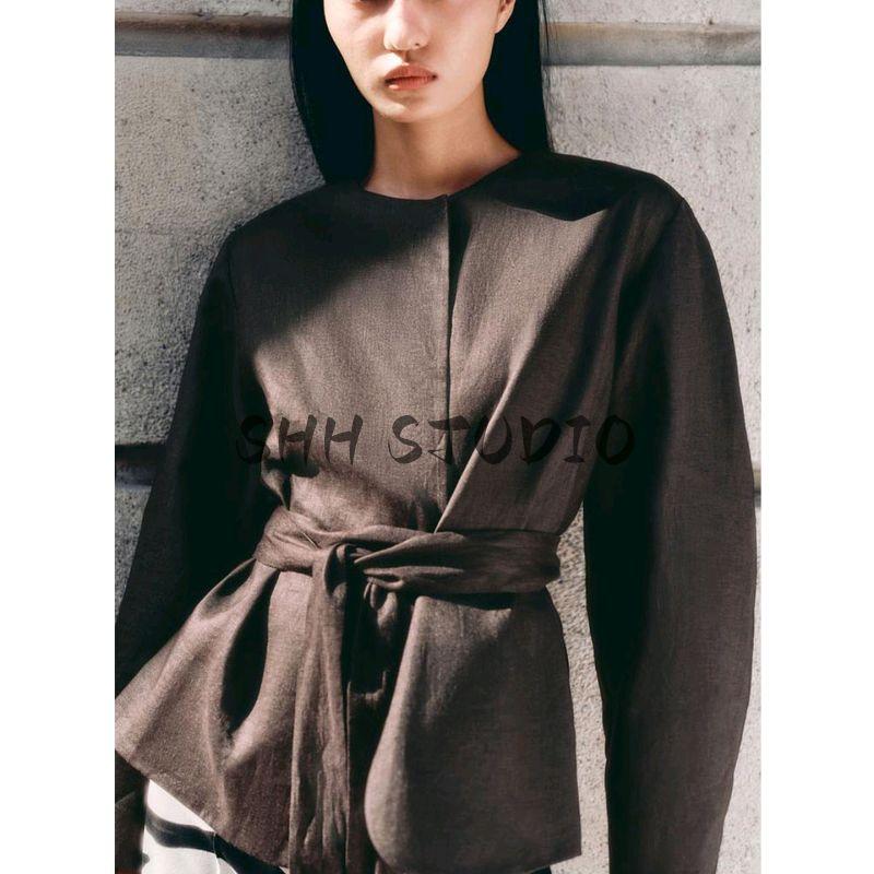 Linen Blend with Belt round Neck Kimono Coat 8426329 Balloon Mid Waist Pants 7627242