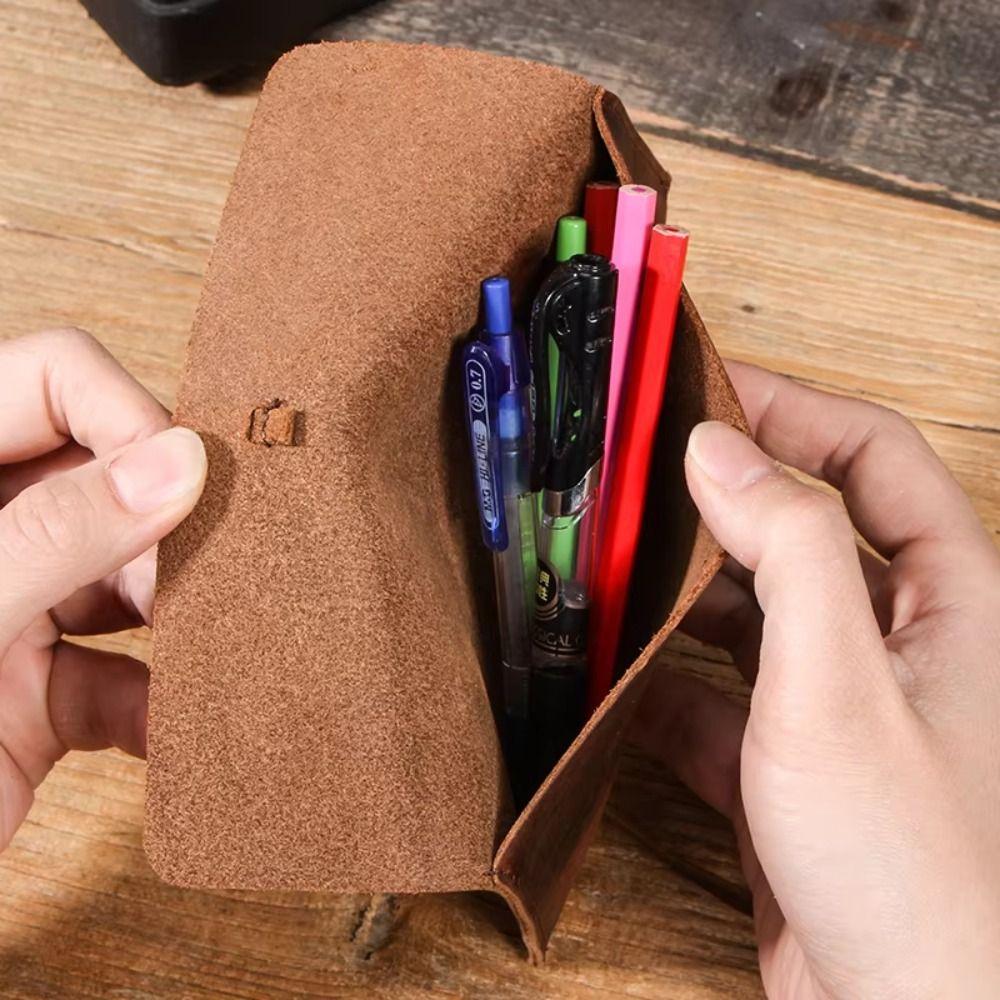 Cowhide Leather Pen Pouch Leather Pencil Storage Bag Retro Stationery Organizer  Office