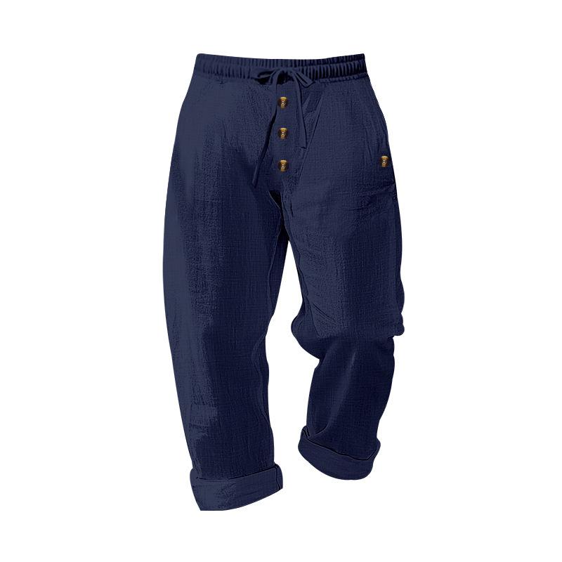 Men's Casual American Style Solid Linen Drawstring Button Straight Leg Pants for Spring and Autumn