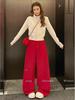2026 Spring Red Rhinestone Baby's Breath Slimming Plus Velvet Wide Leg Cropped Pants