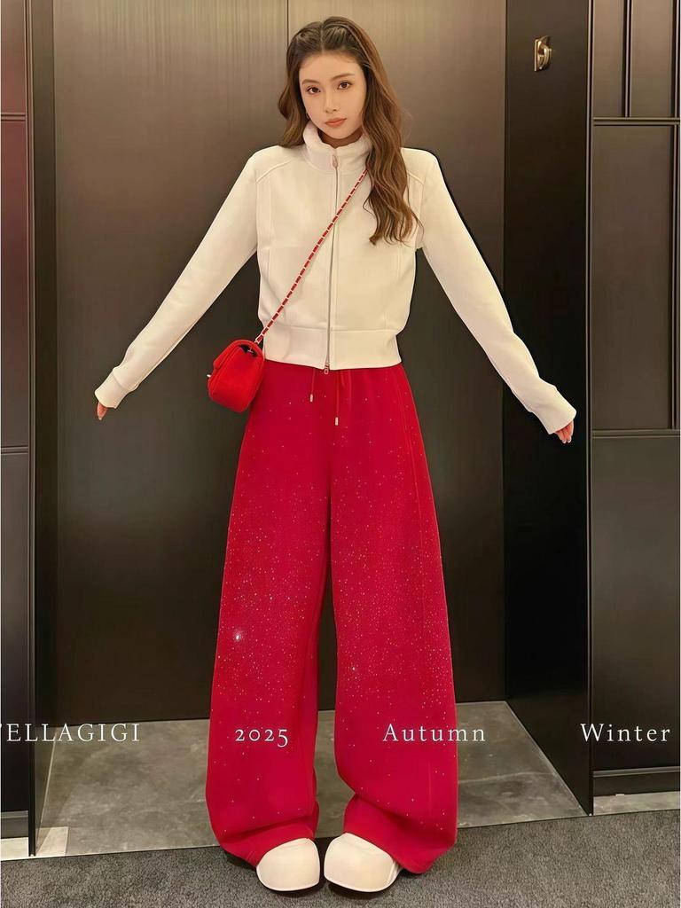 2026 Spring Red Rhinestone Baby's Breath Slimming Plus Velvet Wide Leg Cropped Pants