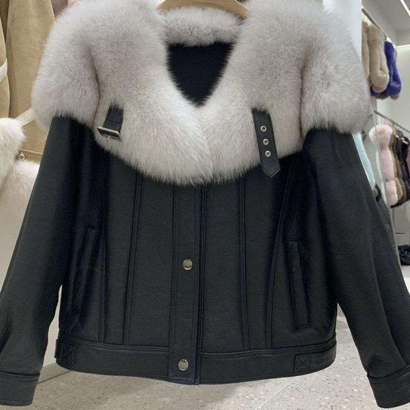 Winter New Imitation Leather Imitation Fox Fur Collar Fur Integrated Leather Women's Clothing Large Size Leather Jacket