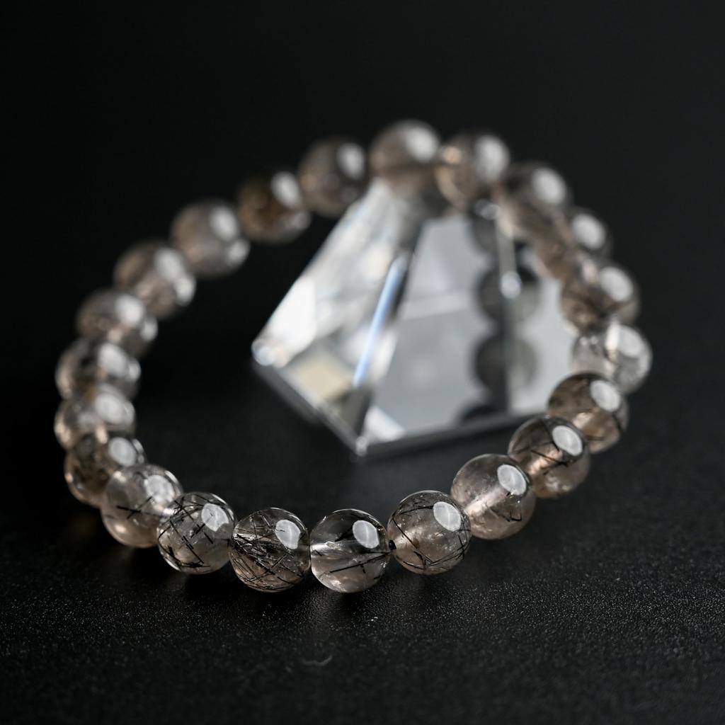 Black Smoky Rutilated Quartz Bracelet Tourmaline in 16cm Wrist Limited Natural Power Prayer Good Luck Feng Shui [Eigado] (Black Quartz) 8.5mm Stone,