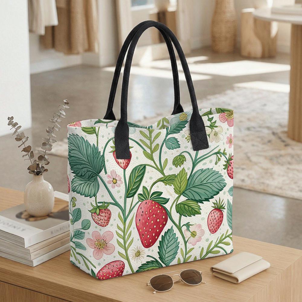 Cute Strawberry Printed Canvas Tote Bag for Women Casual Large Capacity Reusable Shopping Shoulder Handbag for Daily Use