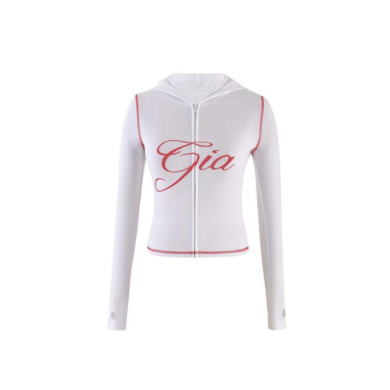 

Iamgia Shoulder Slim fit Letters Print Open Line Design Slim fit Hood Zip-up Short coat Pants set White Outwear XS