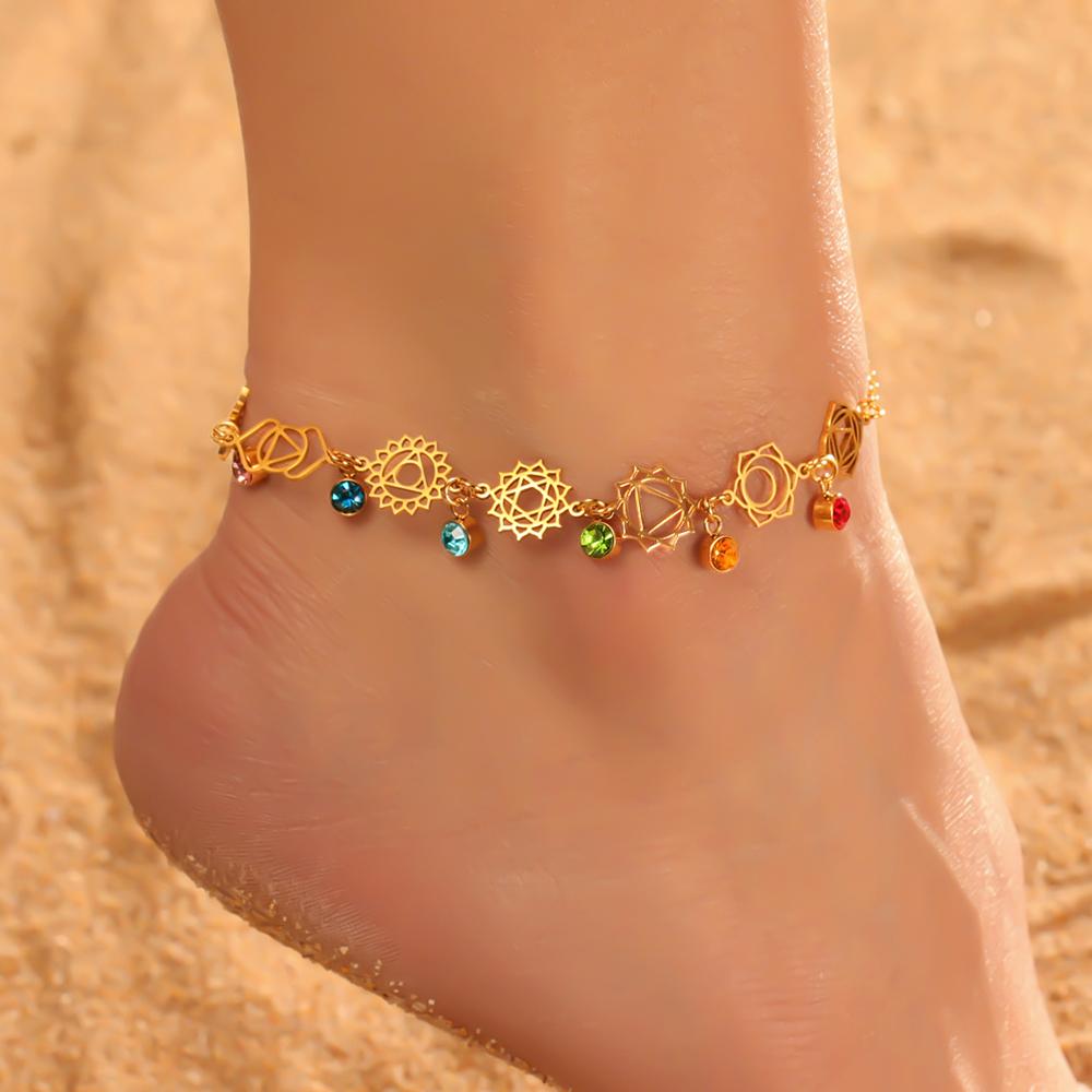 7 Chakra Colorful Zircon Anklet Women Stainless Steel Gold Leg Ankle Bracelet Amulet Meditation Yoga Jewelry Gift