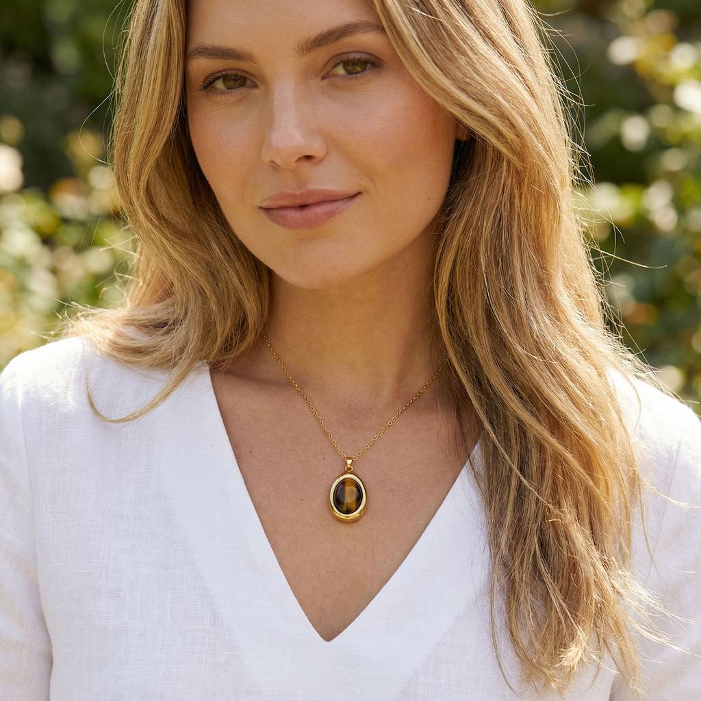 Gold Tone Oval Natural Stone Pendant Necklace, Vintage Cabochon Gemstone Chain for Women Gift