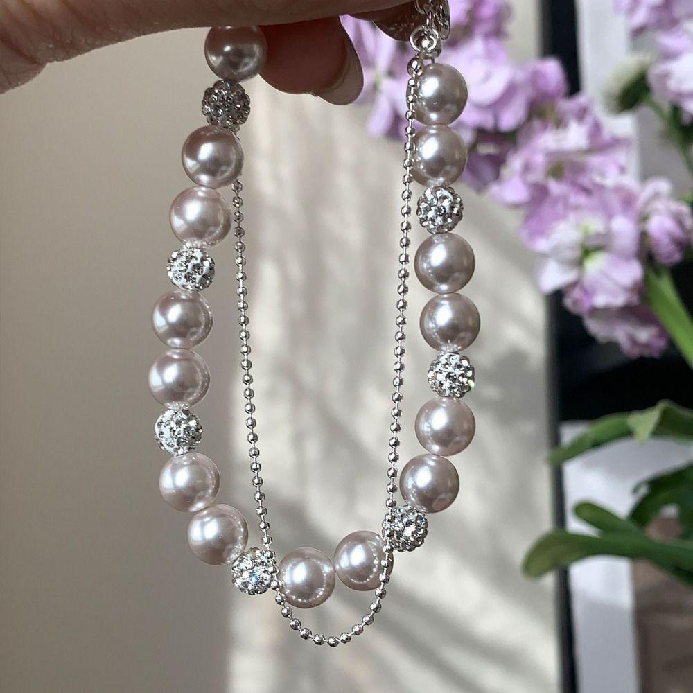 Shining Zircon Pearl Crystal Bracelet Charm Double Layer Bracelet Vintage Beaded Hand Bangle  Party