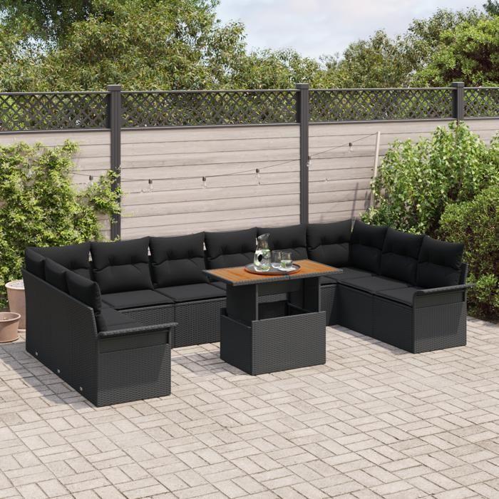 Ensemble de Canapé de Jardin de 11 Pièces avec Coussins en Poly Rattan Noir, Canapé de Jardin 2 Places avec Rangement &amp; 3358123