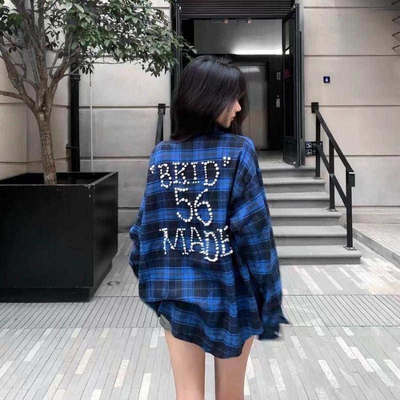 Women Letter Studded Checkered Shirts American Retro Long Sleeved Blouses Autumn Fashion Sun Protection Lady Cardigan