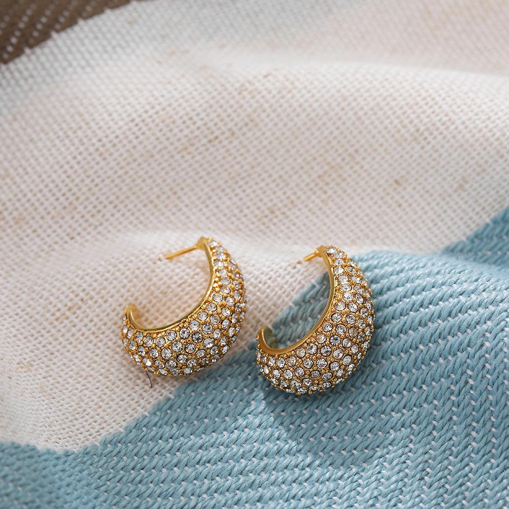 Sparkling Zircon C Shape Hoop Earrings for Women Stainless Steel Sleek Thick Ear Hoops Simple Daily New Jewelry Femal Party Gift
