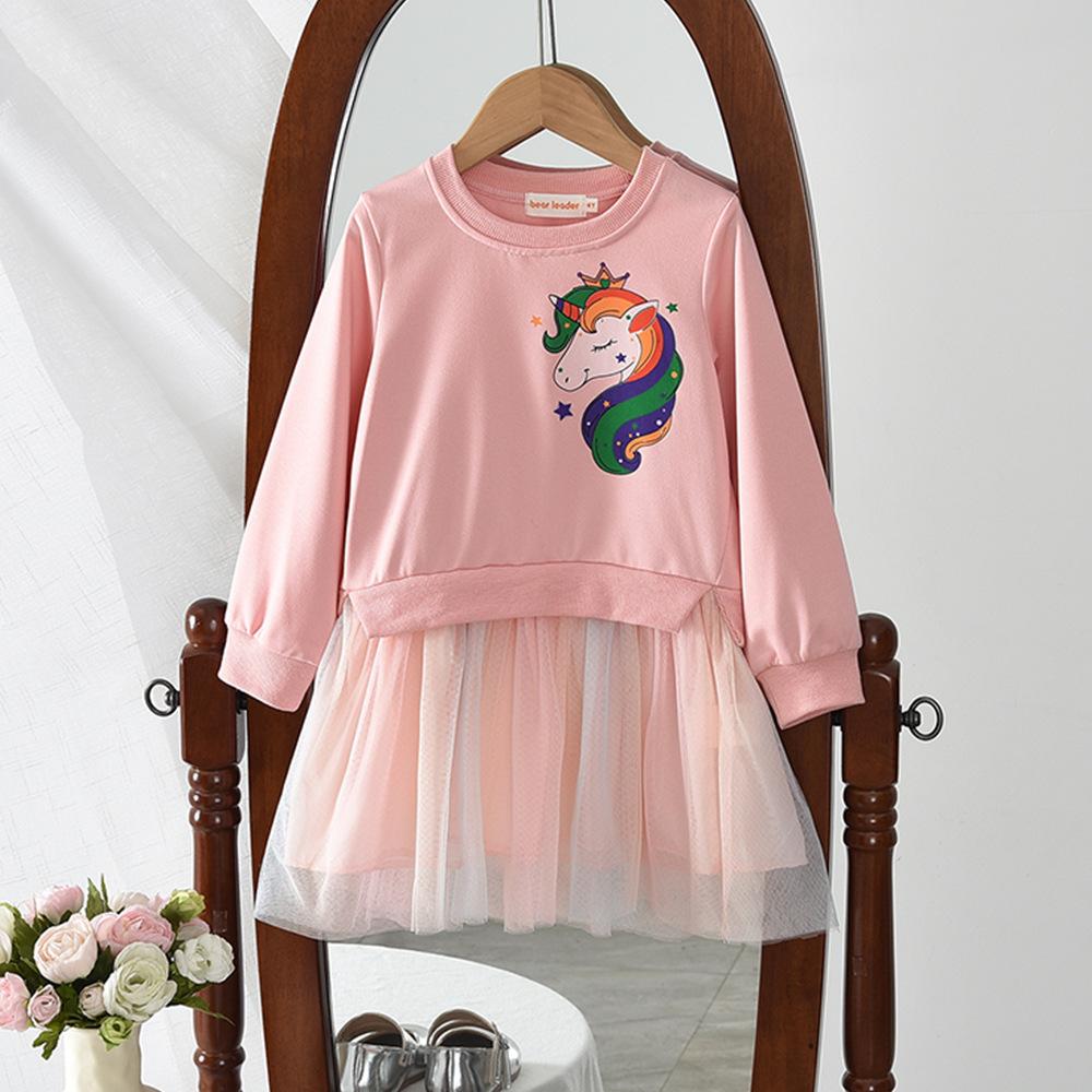 Осеннее платье для девочки Девочка Мультяшная толстовка Платье со вставками из сетки Детская одежда 2-3Y розовый