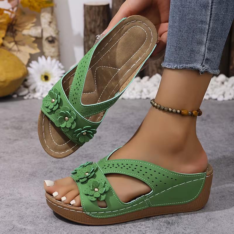 Летние женские сандалии и шлепанцы с цветами, женские сандалии на танкетке, повседневные туфли на высоком каблуке, модная женская обувь с перфорацией «Броги» 43 зелёный