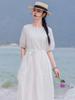 Women's White Cotton Linen Puff Sleeve Belted Midi Dress