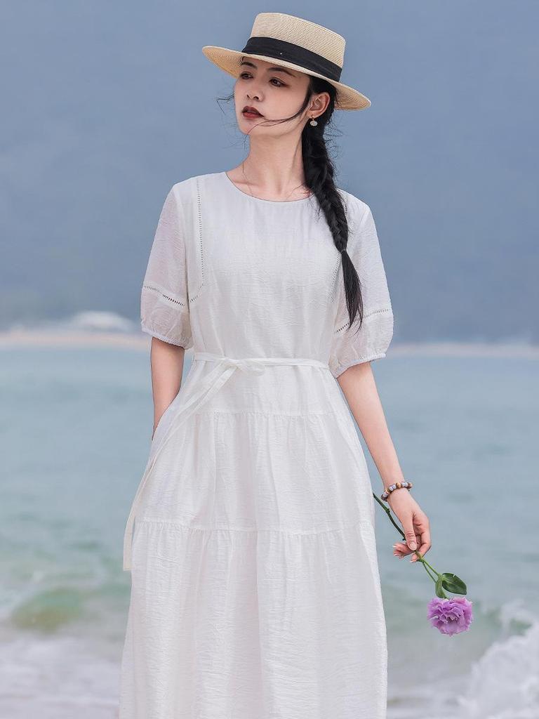 Women's White Cotton Linen Puff Sleeve Belted Midi Dress