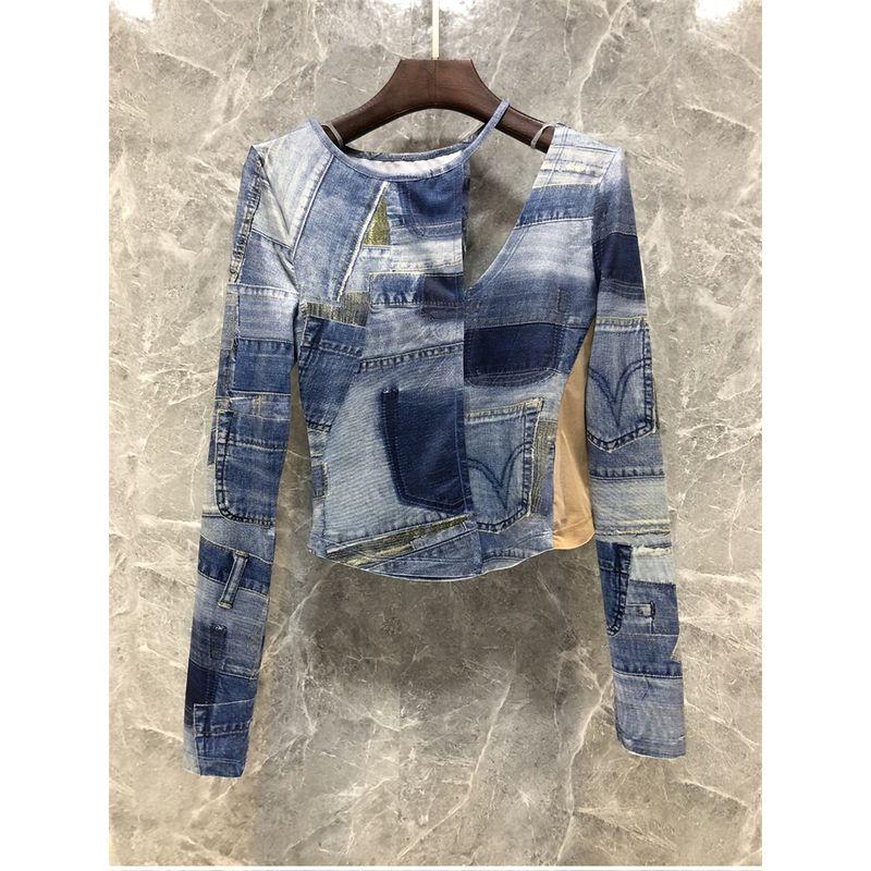 

Petty Bourgeoisie Sexy Short Patchwork Upper Clothes Long Sleeves T-shirt Blue S