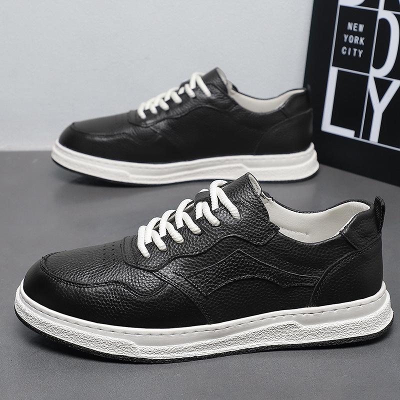 First-layer cowhide shoes niche versatile men's casual panda shoes Korean version tide white shoes soft sole personalized thick-soled men's board