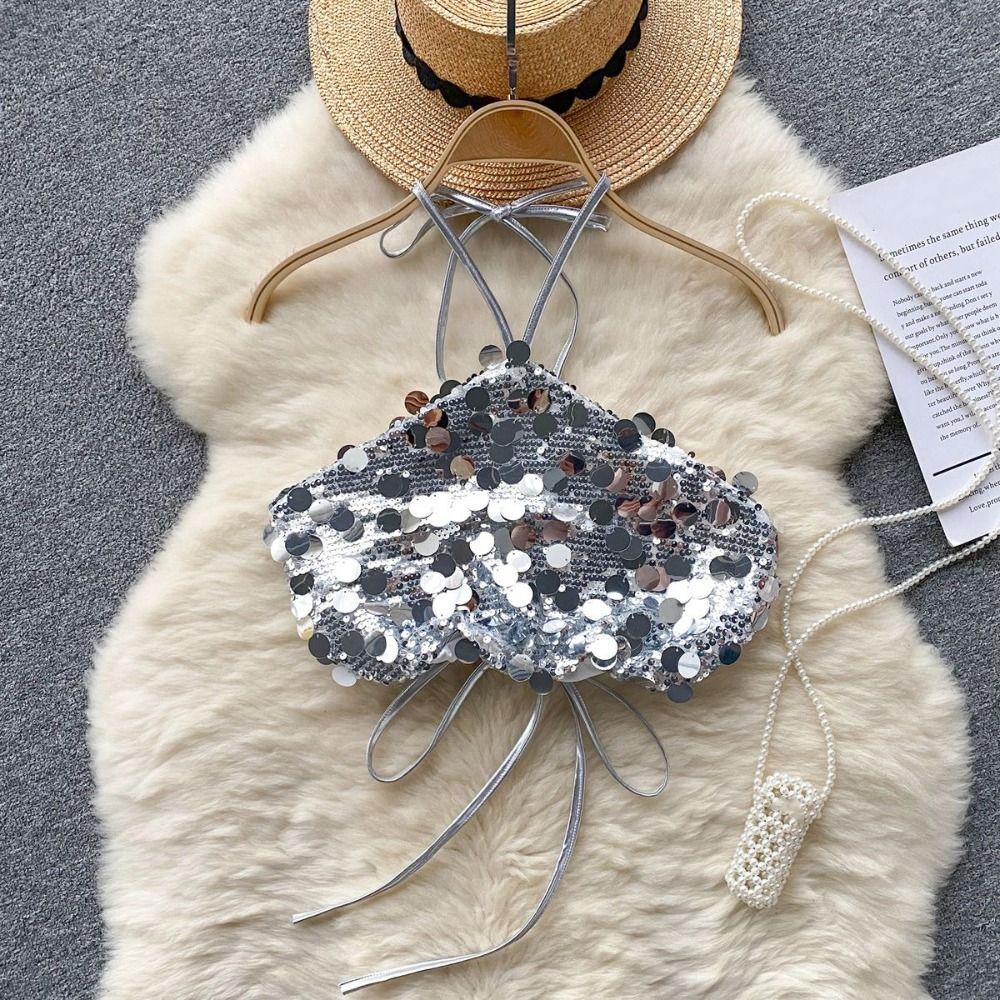 Beachwear Silver Sequin Camisole Short Women's Lace-Up Vest Design Glitter Tank Top Vacation