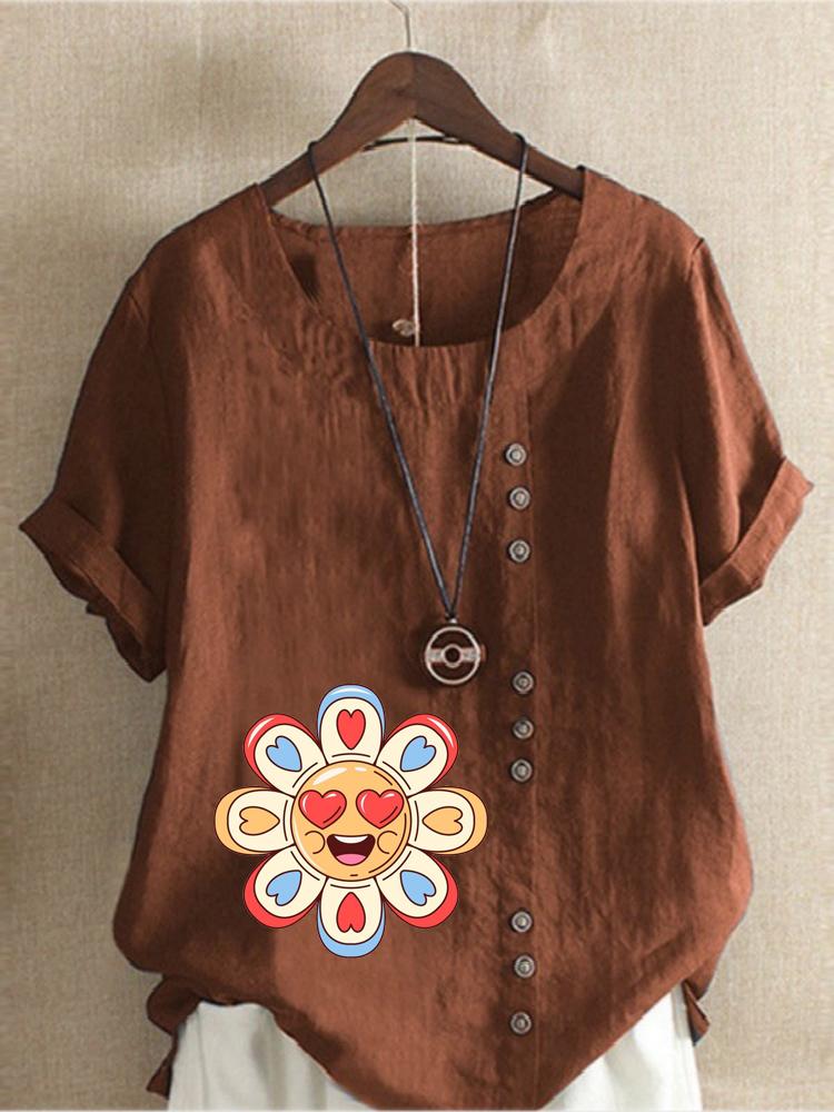 Women's Fashion Love Petal Print Round Neck Short Sleeve T-shirt Casual Cotton Linen Graphic Shirt Leisure Loose Summer Blouse Tops