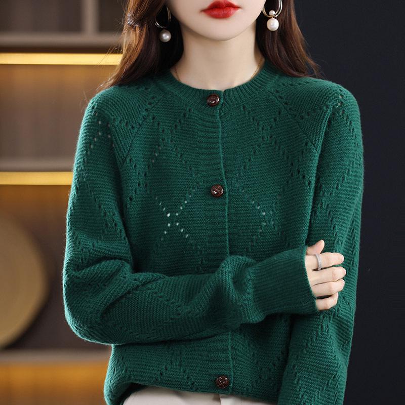 Damen Kaschmirwolle Strickjacke - Gestrickter Rundhals-Pullover für Herbst/Winter Mode