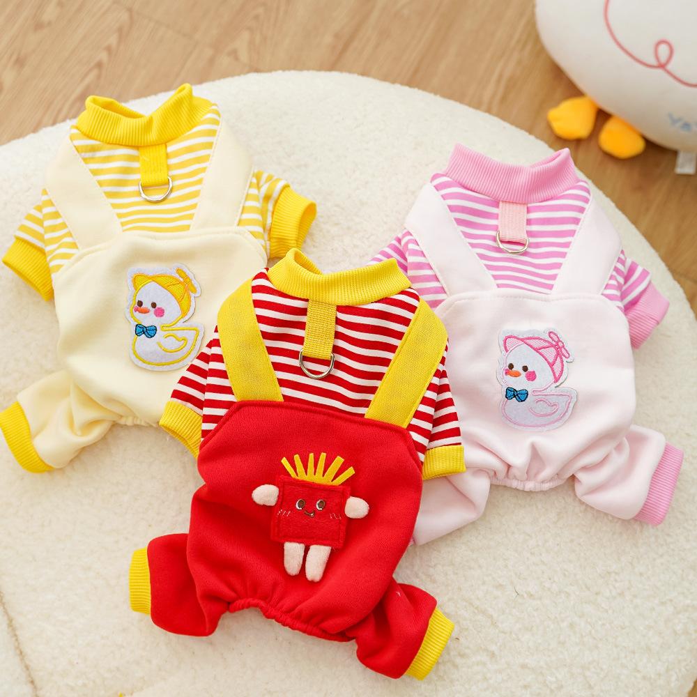 Pet Dog Dog Clothes Cat Autumn and Winter Velvet Dog Sweater Striped Medium-sized Dog Corgi Fighting Can Be Towed Cat Supplies