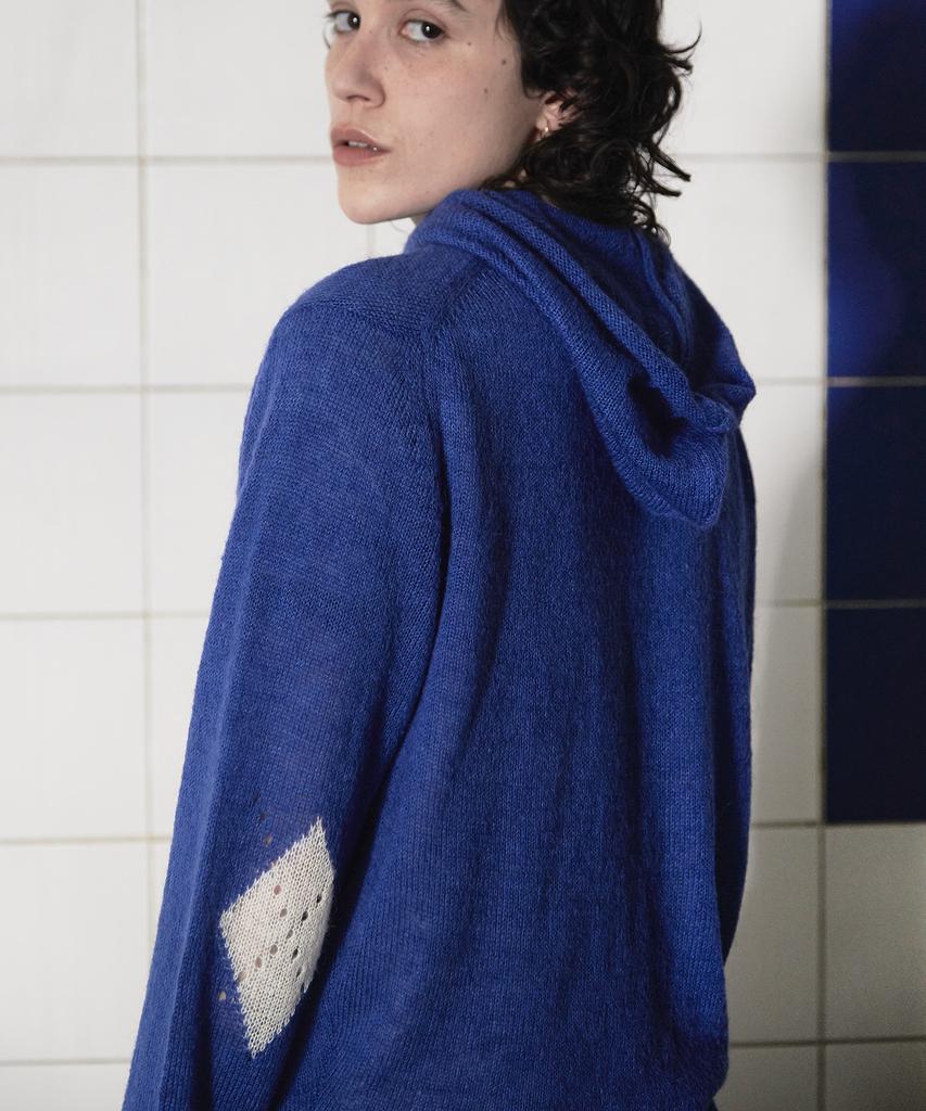 Unalloyed Argyle Elbow Knit Zip-Up Hoodie / Blue
