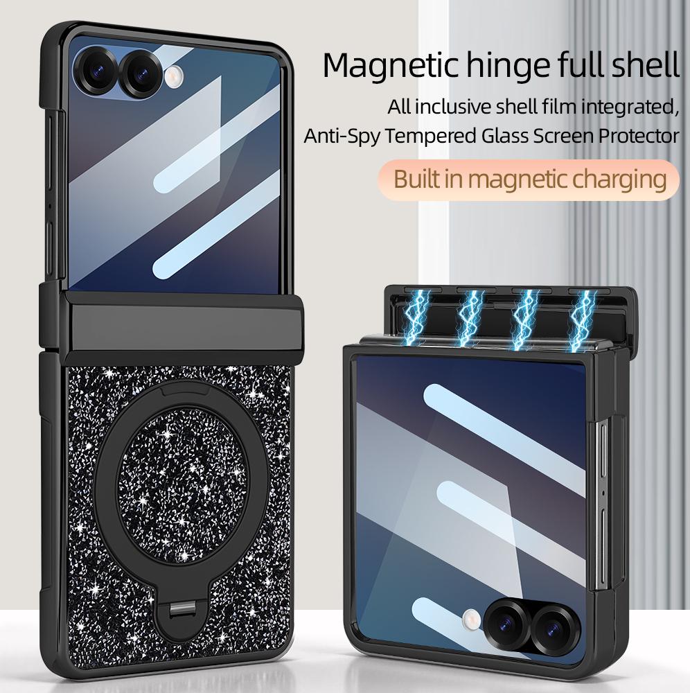 

Fashion Magnetic Full Protector Shinny Phone Cover for Galaxy Z Flip 7/6 PU Leather with Kickstand Holder Privacy Film Included Galaxy Z Flip6 чорний