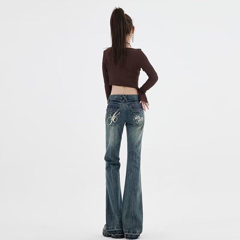Vintage Jeans Low Waist Pant Micro Flare Jeans for Women Embroidery Slim Drag Flare Trousers