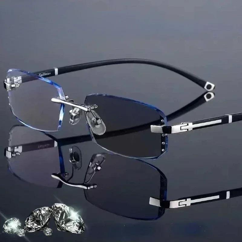 Anti Blue Light Presbyopia Diamond Trimmed Frameless Photochromic Reading Glasses Glasses Fashionable Business Men Glassess