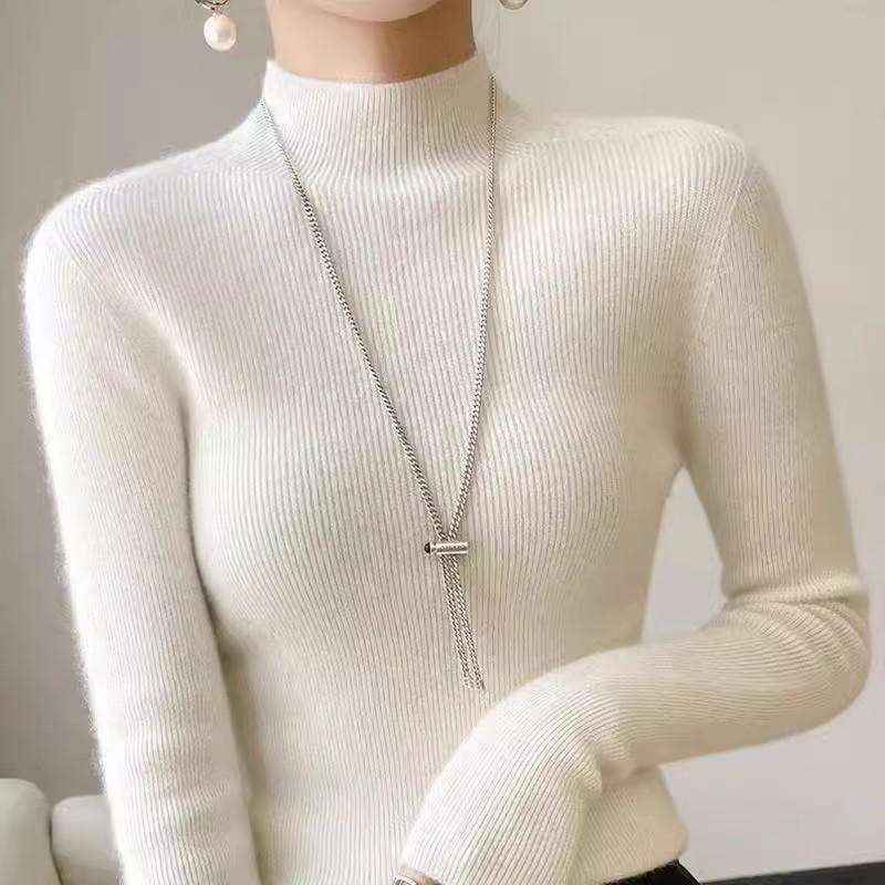 Women's Autumn Winter Solid Color Base Layer Korean Style Long Sleeve Pullover Knit Top Half-High Neck Slim-Fit Slimming Inner Wear Sweater