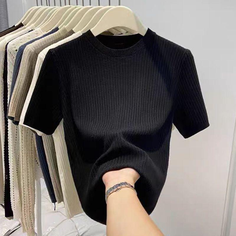 

Распродажа Сток Европейские Товары Женская Одежда Срезанная Этикетка Пуловер с Круглым Вырезом и Коротким Рукавом Трикотаж Мягкая Клейкая Западный Стиль Рубашка Шикарные Топы Black M