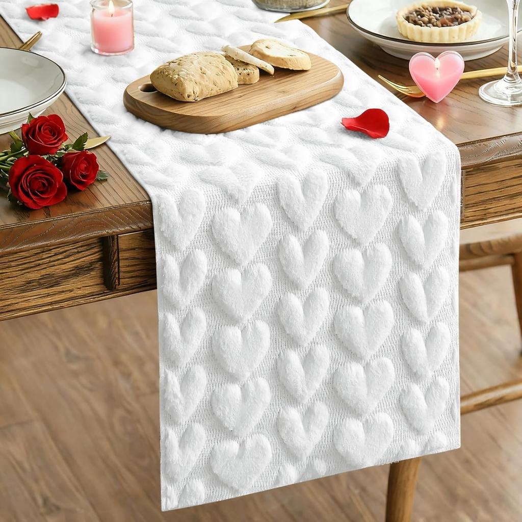 Valentine's Day Red/White/Pink Heart Pattern Table Runner Soft Party Dining Decorations Tablecloth for Dining Tea Table TV Stand