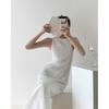 Waist-Cinching Textured Pearl White Maxi Dress - French Pearlescent Camisole Design