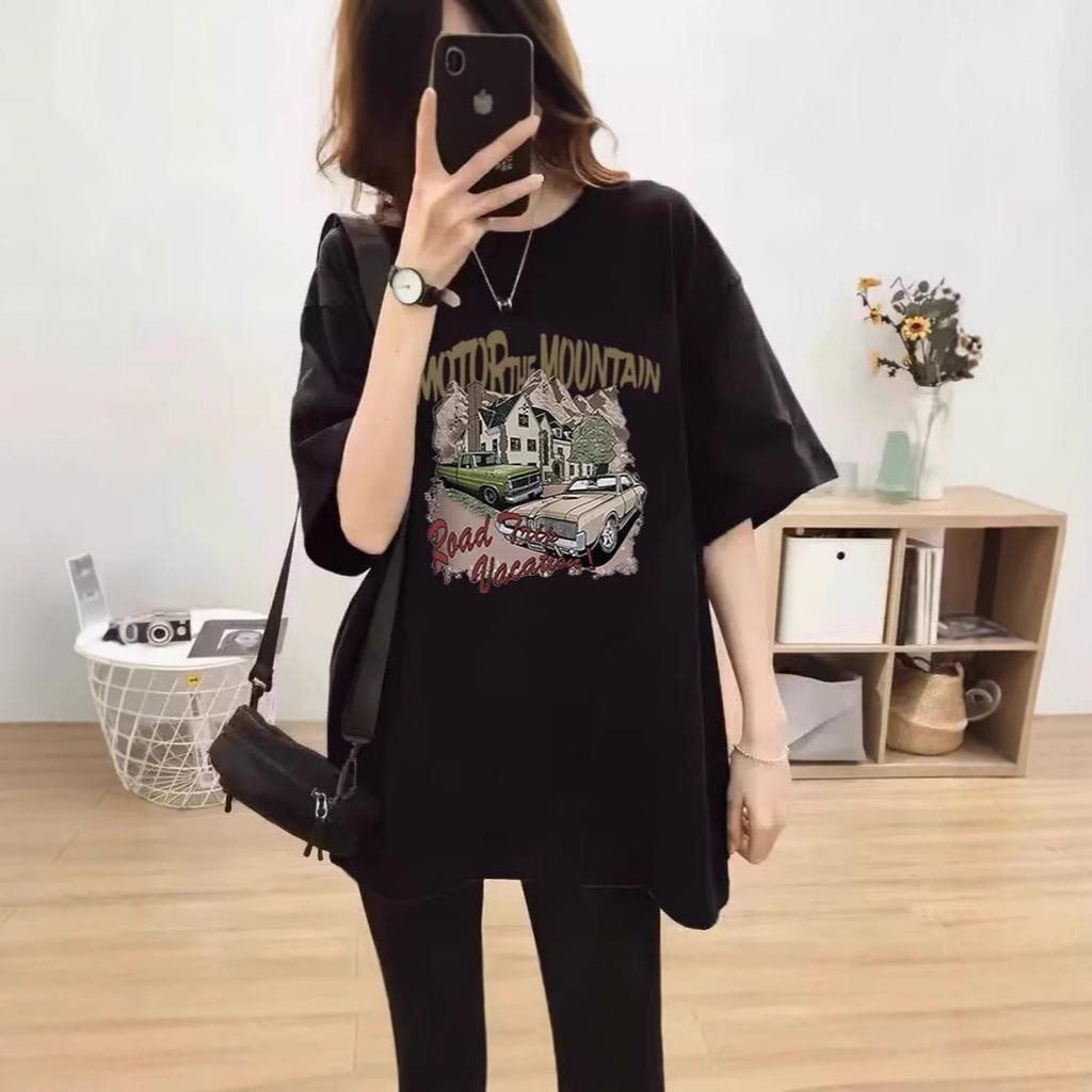 Summer new cartoon printed cotton five-quarter sleeve T-shirt women's loose large size casual fashion versatile top