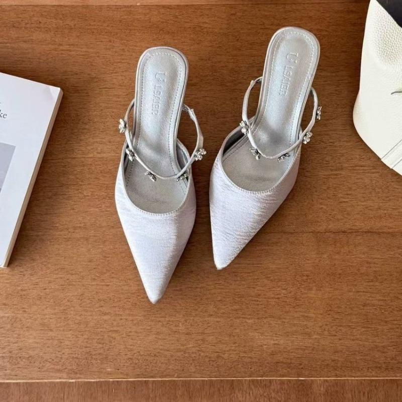 High Quality Satin Heels Women String Bead Sexy Pointed Slide Sandals Elegant Office Designer Shoes Mule Pumps Slippers