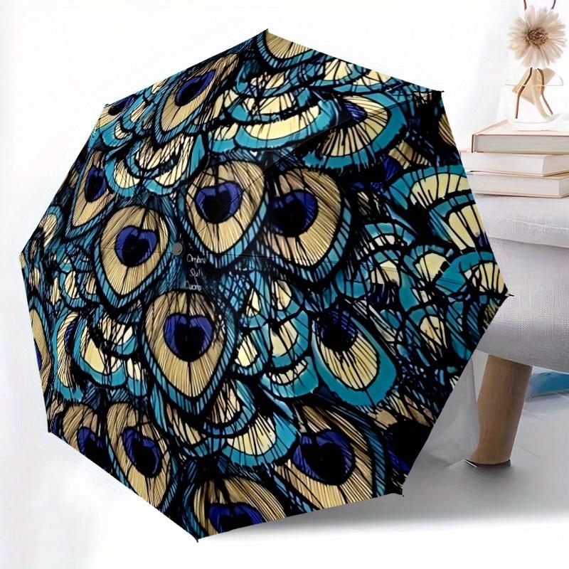 1pc Peacock Feather Pattern Automatic Folding Umbrella - 8-Rib Iron Frame, Windproof, Portable Sunshade with Plastic Handle for Travel & Out