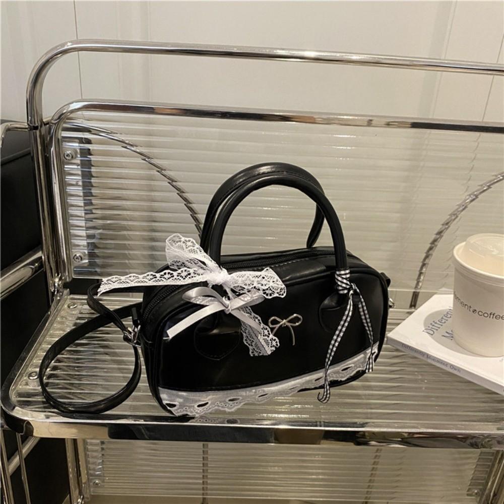 Spitzenband Umhängetasche Bowlingtasche PU-Leder Kleine quadratische Tasche Reißverschluss Boston Handtasche Schule