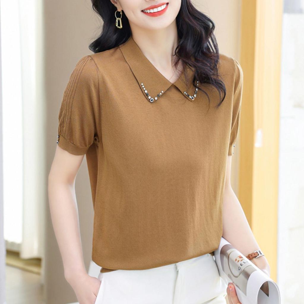 Women's Ice Silk Knitted T-shirt with Collar Mom's Clothing Summer Loose Stylish Short Top