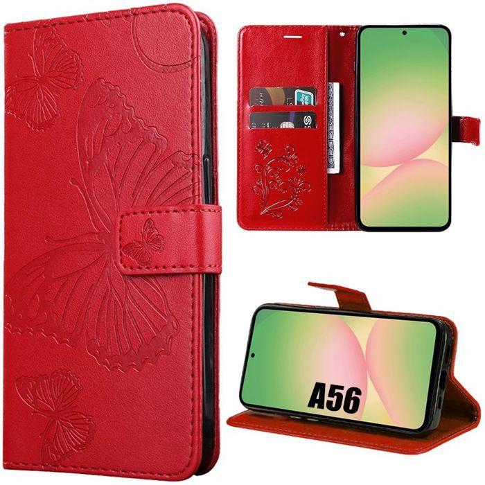 Coque de protection - BOOLING - pour Samsung Galaxy A56 5G - Antichoc - Motif Papillon Rouge - Cuir Synthétique