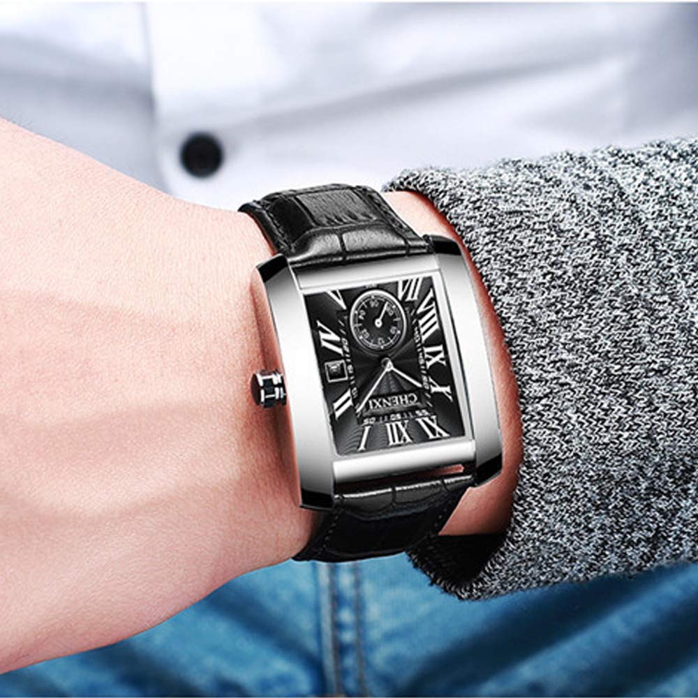 JewelryWe Watch with Leather Popular Christmas Gift Men's Strap, Calendar, Waterproof, (Black)
