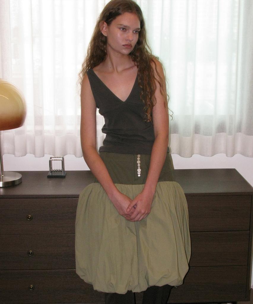 Partimento Woman Button-Pointed Puff Midi Skirt_Khaki Green