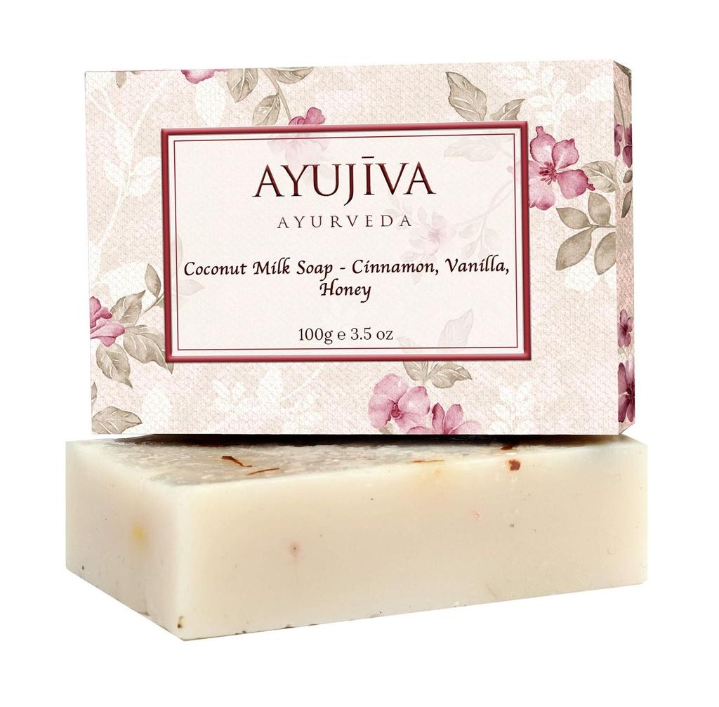 Soap with Coconut Milk, Cinnamon, Vanilla and Honey (100 G), Luxury Classic Coconut Milk Soap with Cinnamon, Vanilla, Honey, Ayujiva Ayurveda
