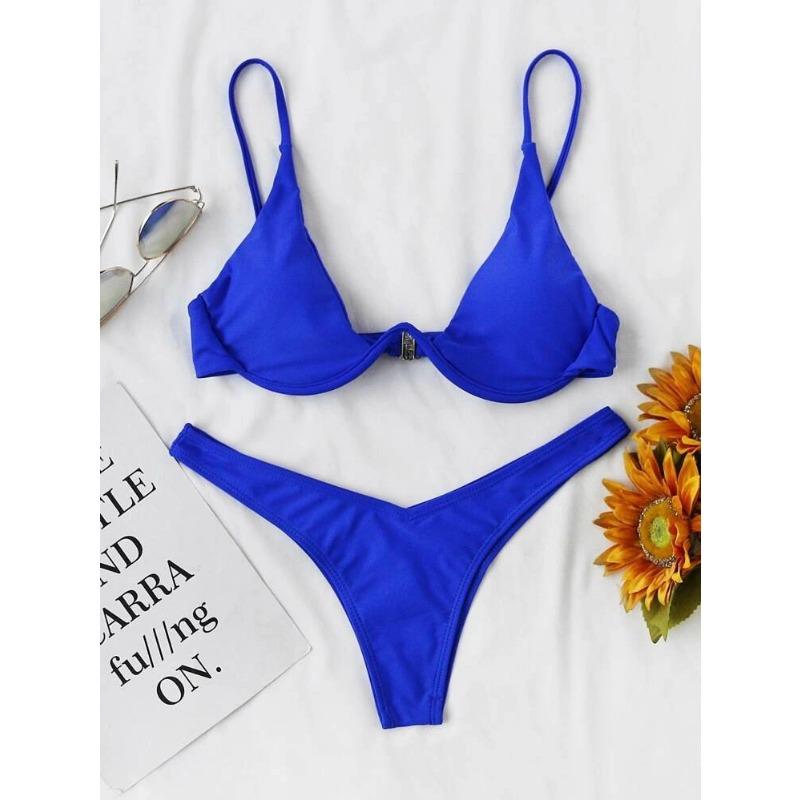 Women's Royal Blue Triangle Bikini Set Underwire Front Closure Thong Bottom Two Piece Swimsuit