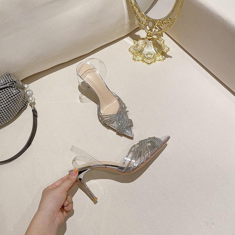 -1 Huizhou women's shoes summer pointed versatile not tired feet sandals rhinestone transparent stilettos