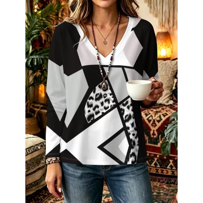 Autumn and Winter Women's Long-sleeved V-neck T-shirt