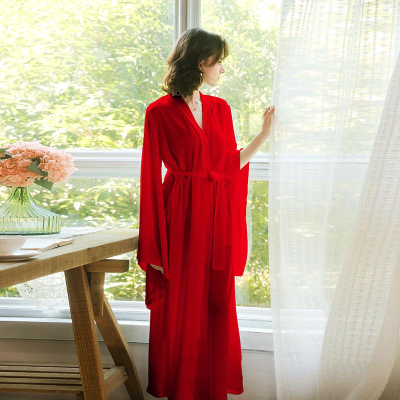 Sweet Satin Open-Front Robe: Deep V, Light Luxury, Tie-Waist, Wide Sleeves Homewear.