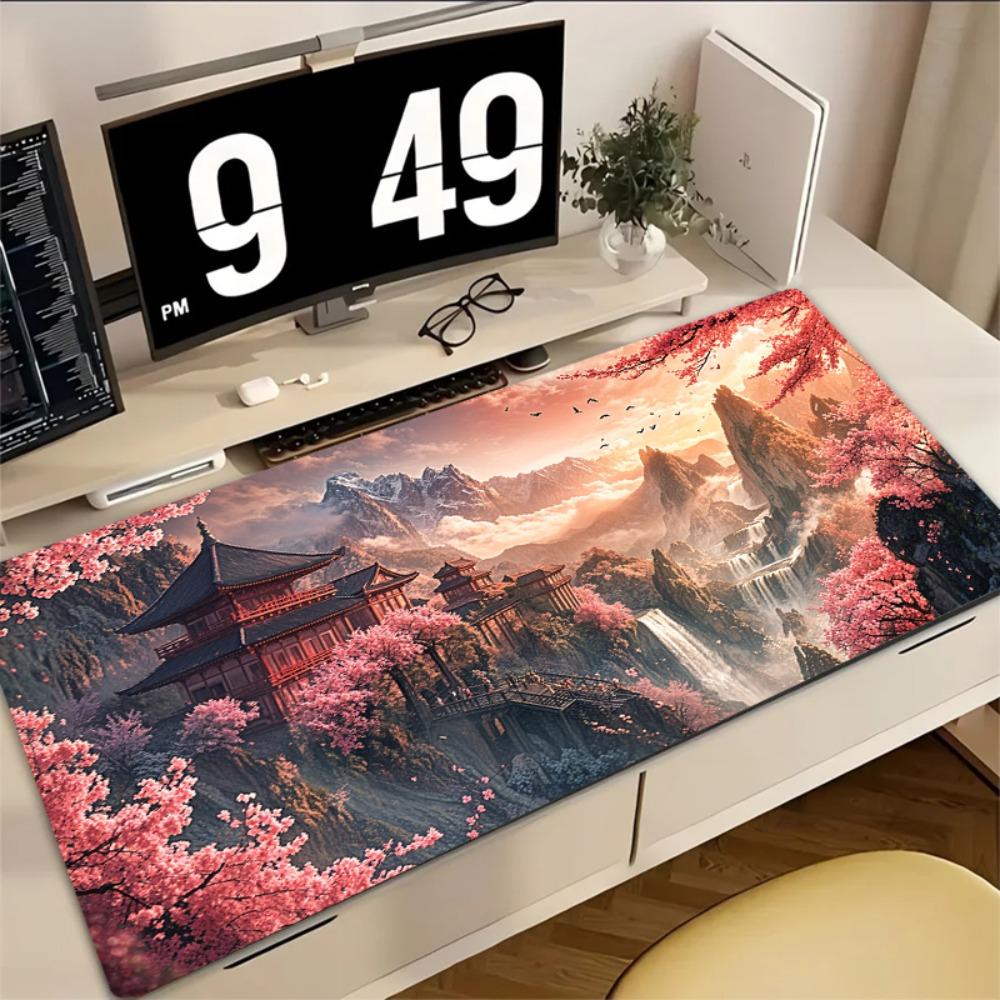 Sakura Mountain Pagoda Printed Desk Pad Extra Large Soft Rubber Mouse Pad Serene Aesthetic Gaming Keyboard Mat Multi-Size