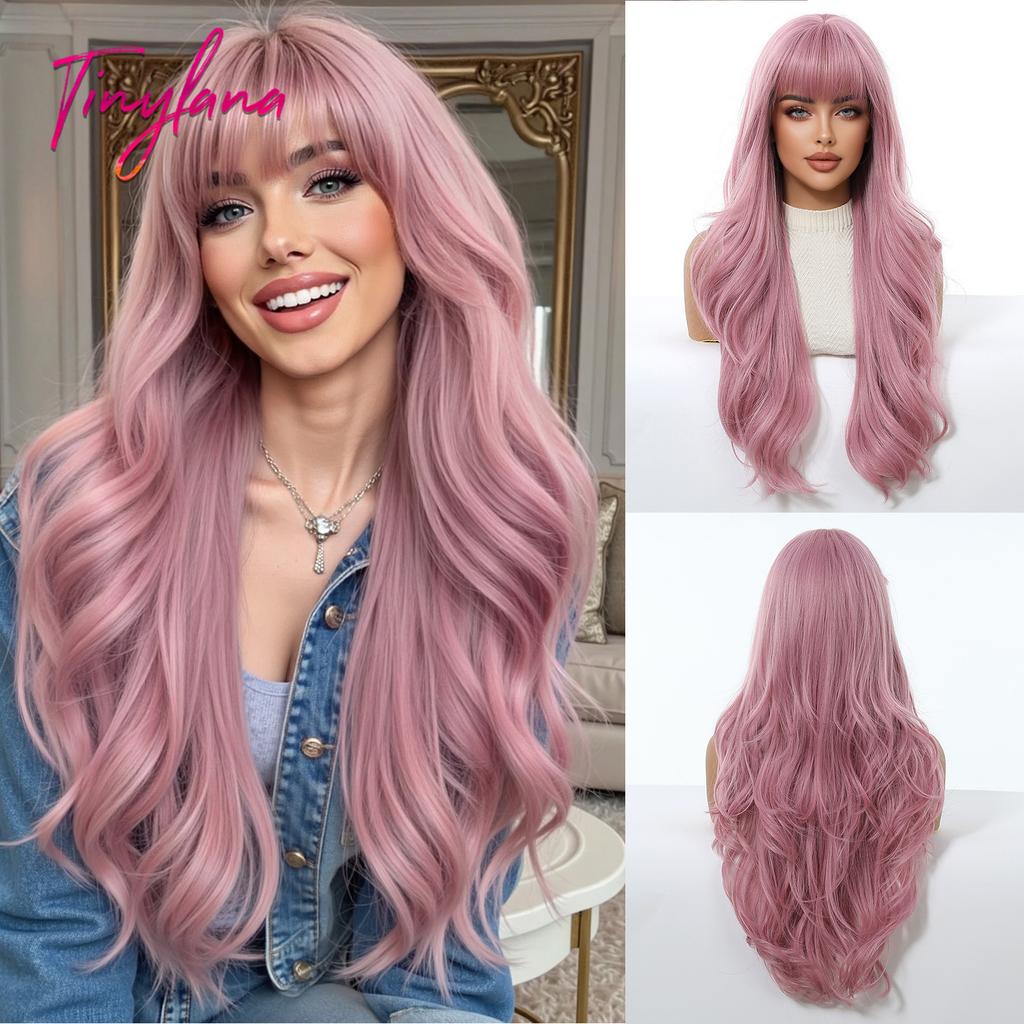 Long Golden Blonde Wave Synthetic Wigs with Bangs for Women Golden Brown Natural Cosplay Costume Daily Hair Wigs Heat Resistant