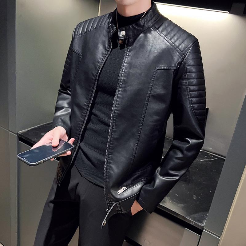 Men's Autumn Winter PU Leather Flight Jacket - Stand Collar, Casual, Trendy Motorcycle Outerwear, Plus Size Available.